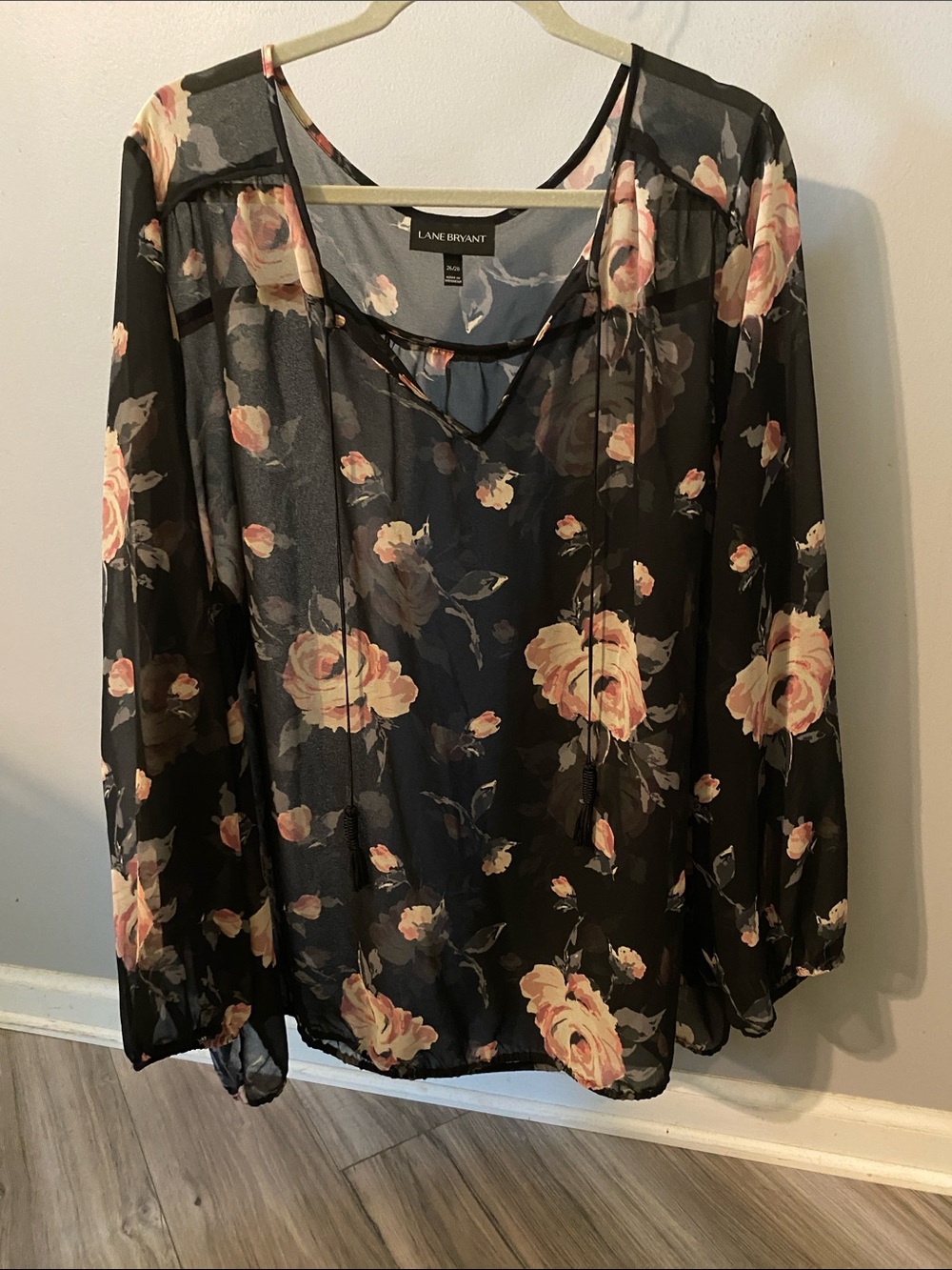 Lane Bryant Black Sheer Floral Peasant Blouse with Blush Roses